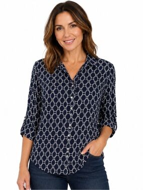 Chico's Navy and White Button Down Shirt with Notched Collar Artsy Summer Sz 3X